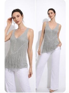 Tahari NWT Grey  Fringe sleeveless sweater vest